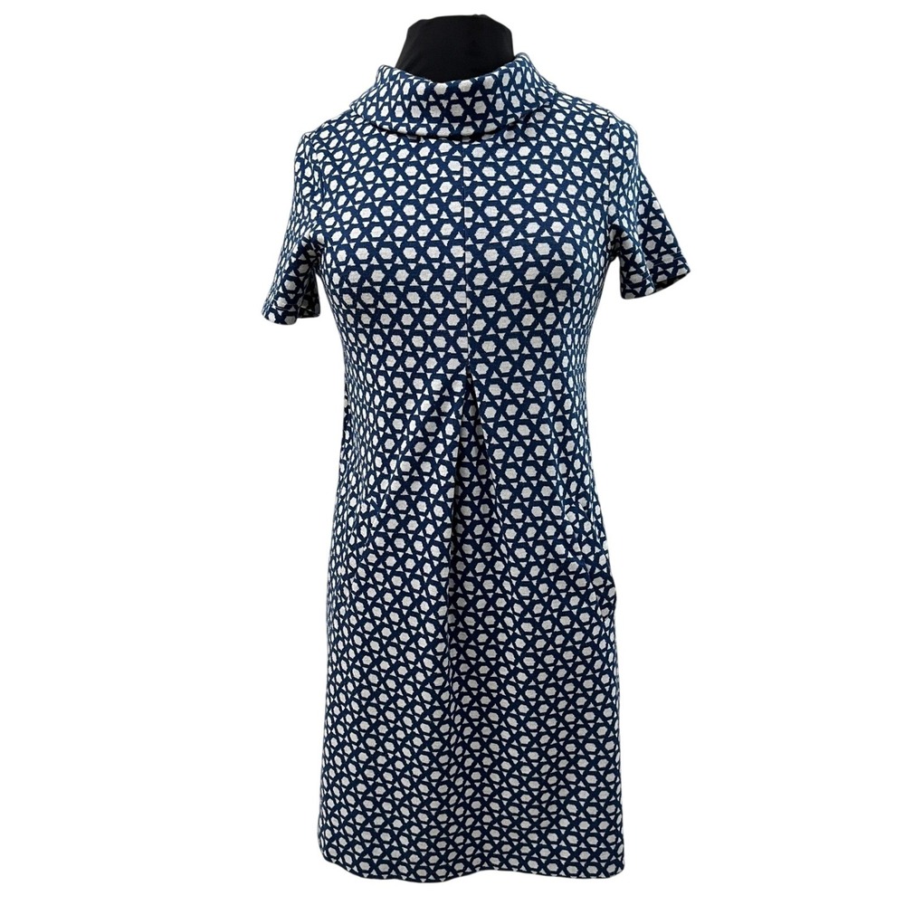 Tyler Boe Navy Blue White Geometric Jacquard Cowl Neck Shift Dress XS Pockets